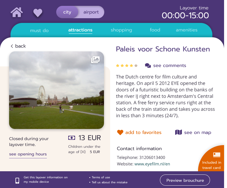 Layover Guru attraction detail view showing Paleis voor Schone Kunsten with pricing, ratings, and travel card integration